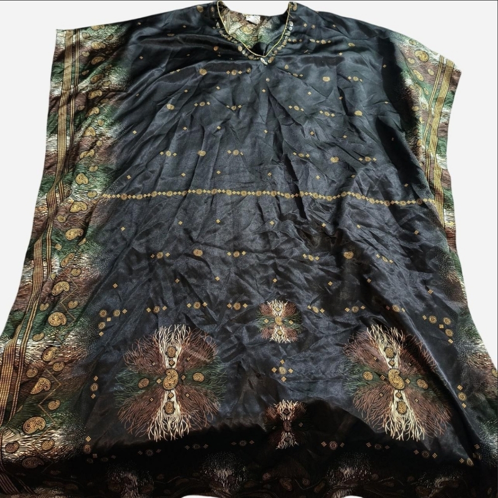Sante Classics Kimono Kaftan Dress OS Black Gold Boho Beads Sequins Muumuu*Flaws